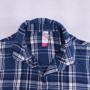 No Boundaries Madras Flannel Casual Button Up Shirt Womens Size M Blue White